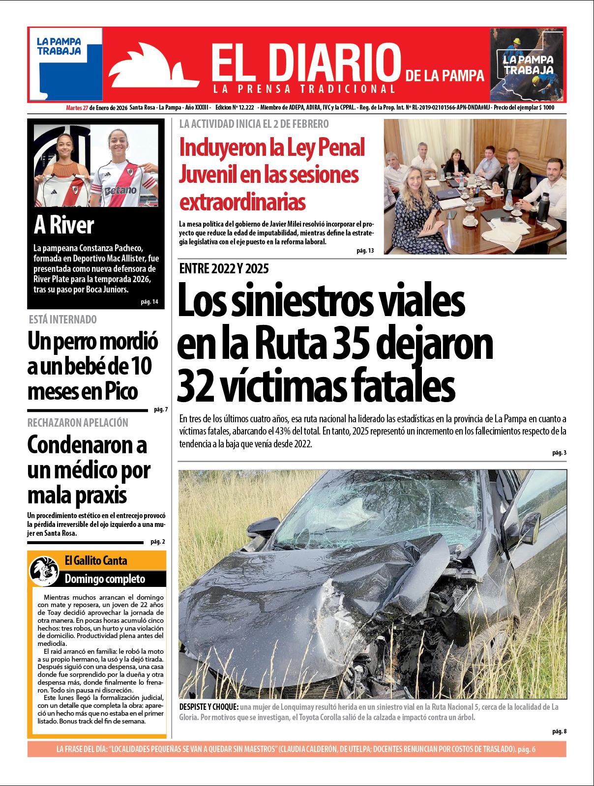 Tapa de El Diario en papel  martes 27 de enero de 2026